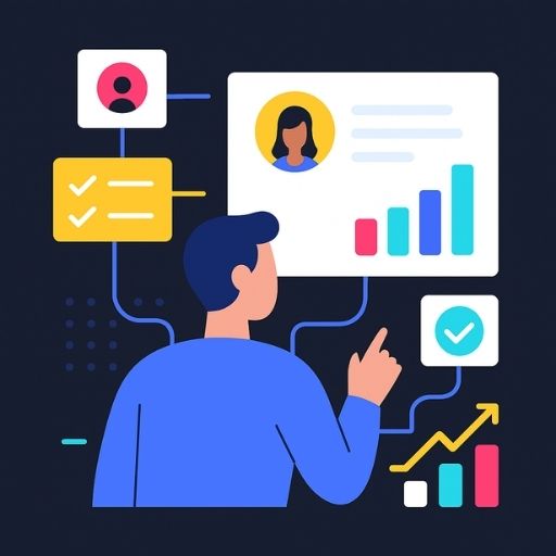 User-focused interface illustration showing collaboration between people and software systems