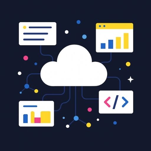 Cloud icon with digital network and floating software windows representing cloud-delivered software solutions