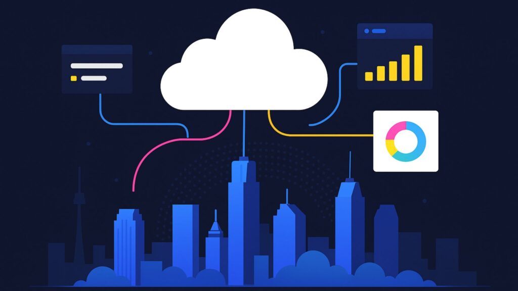 Cloud icon above a stylized Houston city skyline with software windows and data connections