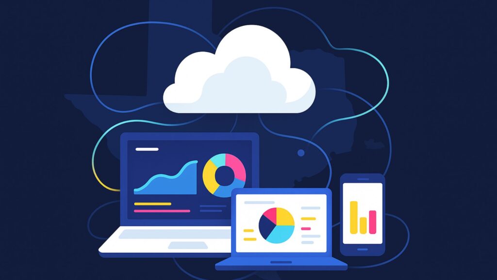 Devices displaying synchronized data charts with a Texas outline in the background