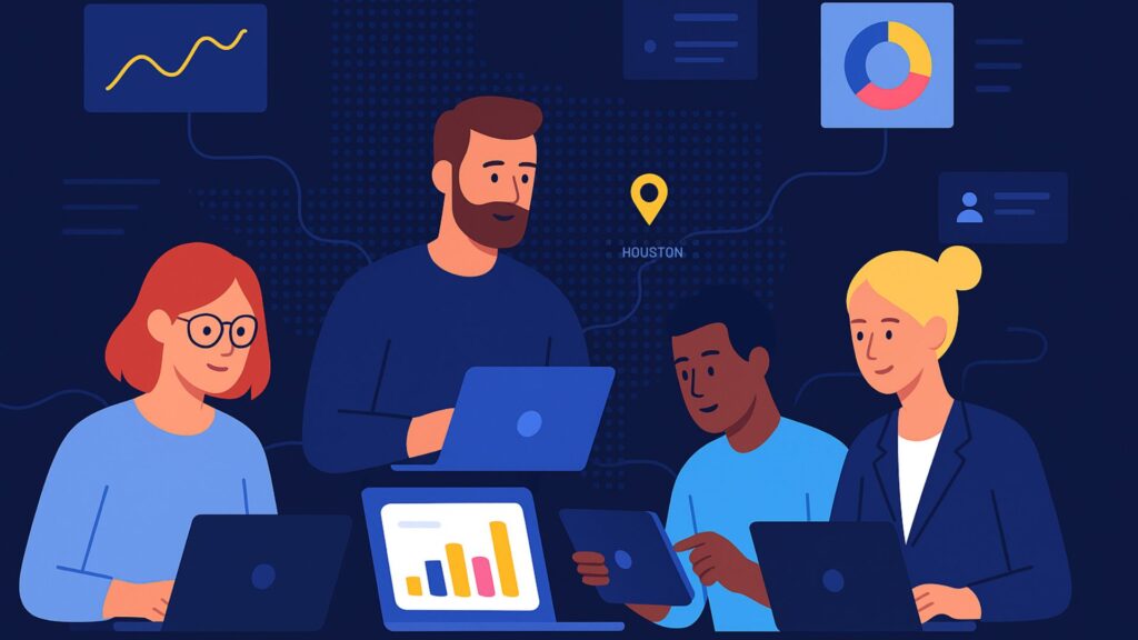 Stylized professional team collaborating with digital devices and Houston map overlay