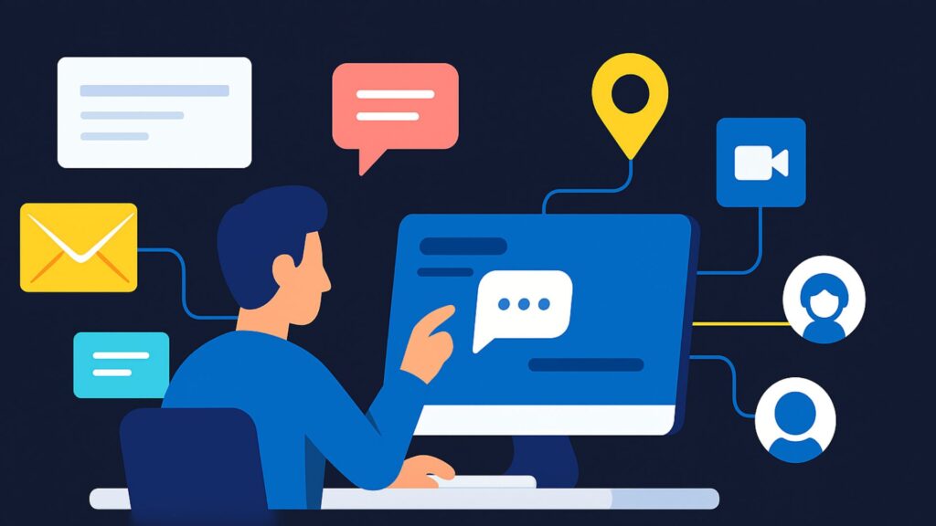 Person interacting with a digital contact dashboard including email, chat, and location tools