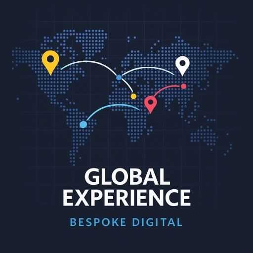 Stylized world map showing international connections and locations across continents