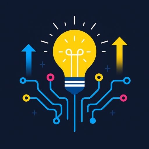 Lightbulb symbolizing innovation with digital circuit lines and upward arrows
