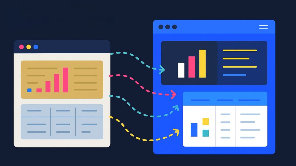 Modern and legacy software interfaces merging together, representing legacy system modernization