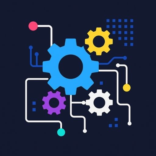 Abstract digital architecture and gear icons symbolizing technical excellence and software expertise